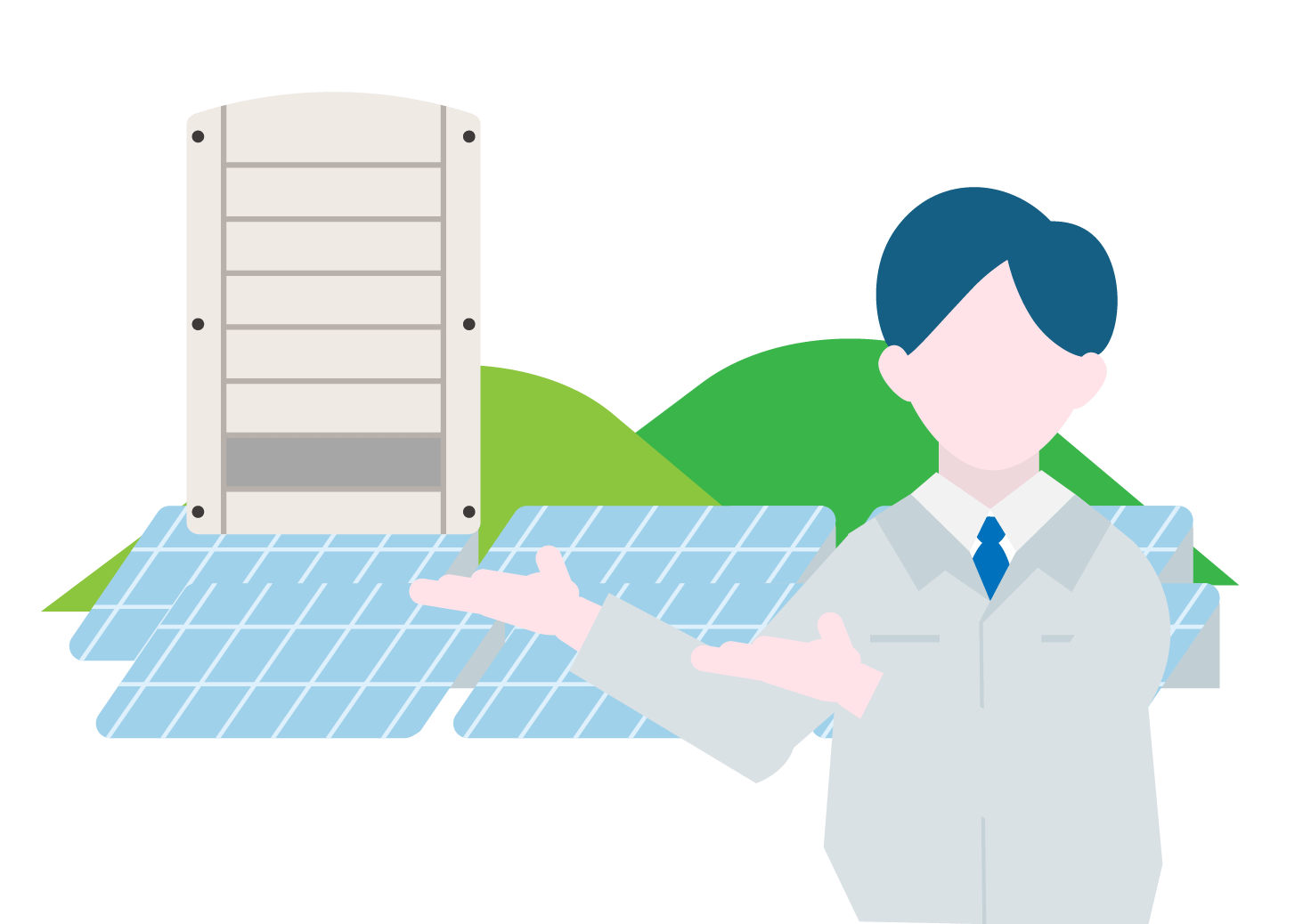 太陽光パネルと技術員の画像